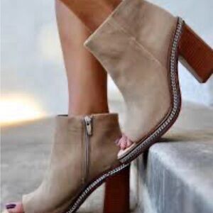 Vince Camuto Beige Suede Open-Toe Block Heel Booties